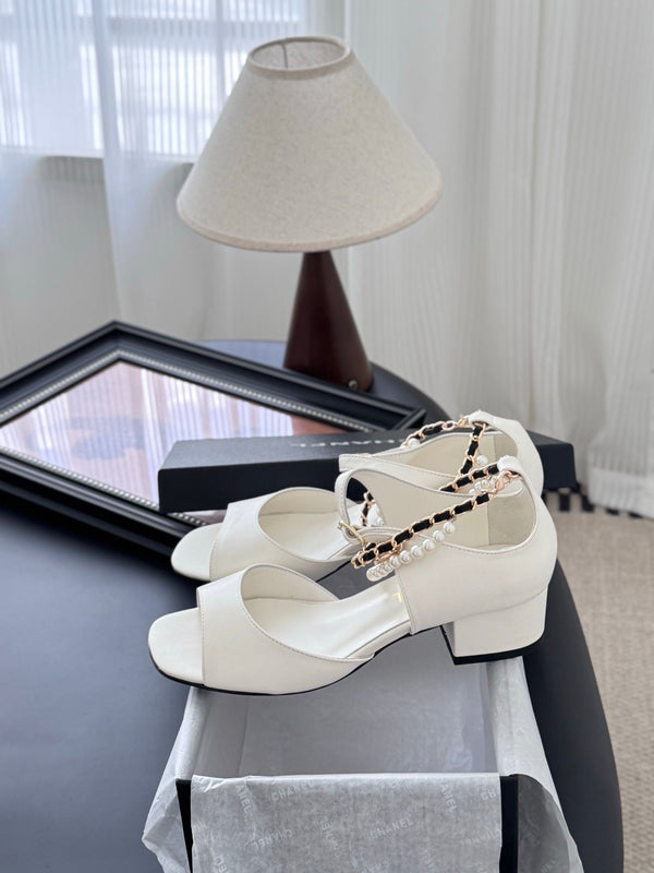 CC 25B Mary Janes 55mm High Heel Pearl Strap White Sheepskin