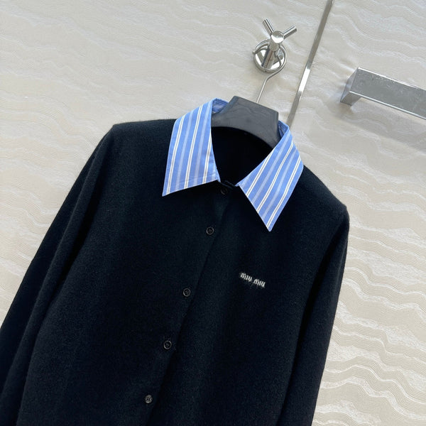 Miumiu Detachable Shirt Cardigan Black Mix Blue Collar and Cashmere