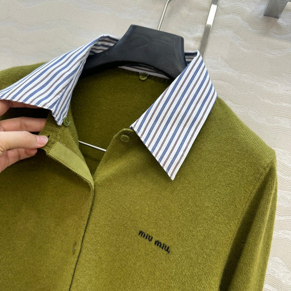Miumiu Detachable Shirt Cardigan Olive Green Collar and Cashmere