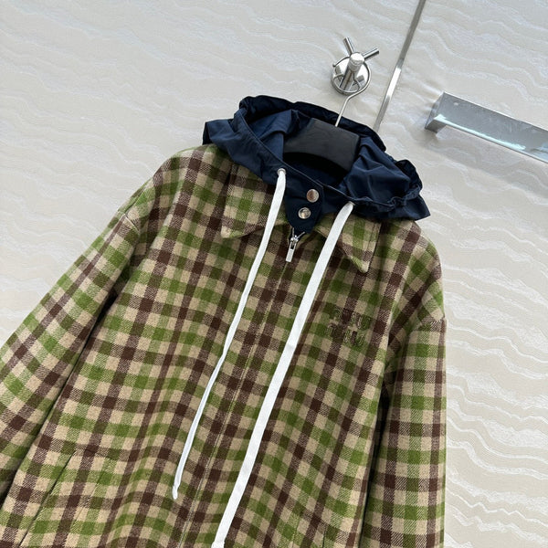 Miumiu Faux Two-Piece Detachable Hood Plaid Jacket Green Polyester
