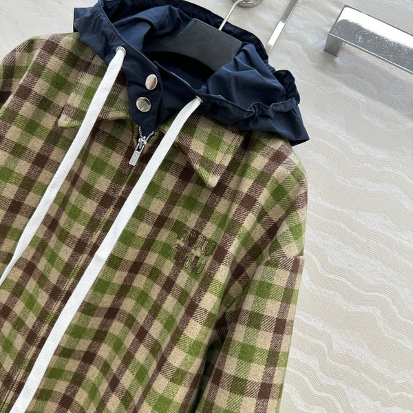 Miumiu Faux Two-Piece Detachable Hood Plaid Jacket Green Polyester