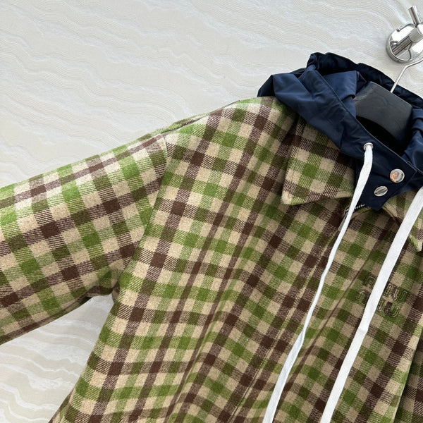 Miumiu Faux Two-Piece Detachable Hood Plaid Jacket Green Polyester