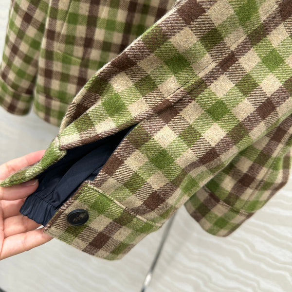 Miumiu Faux Two-Piece Detachable Hood Plaid Jacket Green Polyester