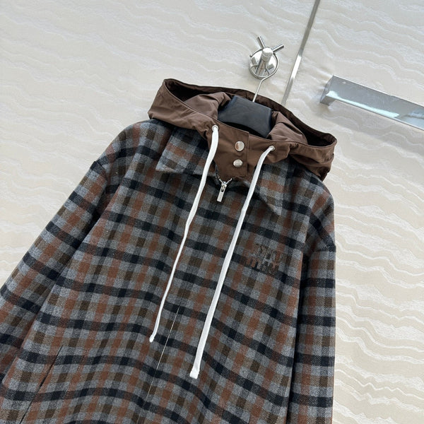 Miumiu Faux Two-Piece Detachable Hood Plaid Jacket Brown Polyester