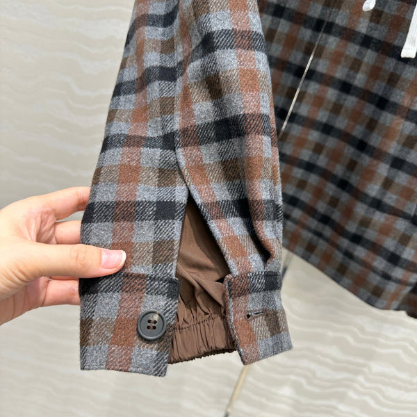 Miumiu Faux Two-Piece Detachable Hood Plaid Jacket Brown Polyester