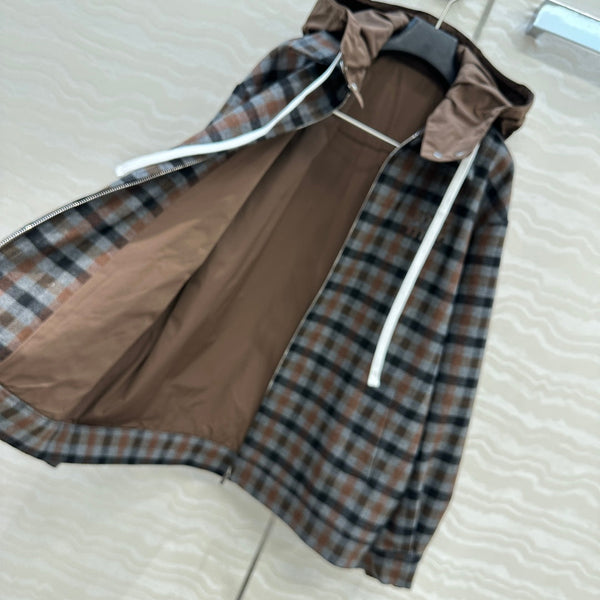 Miumiu Faux Two-Piece Detachable Hood Plaid Jacket Brown Polyester