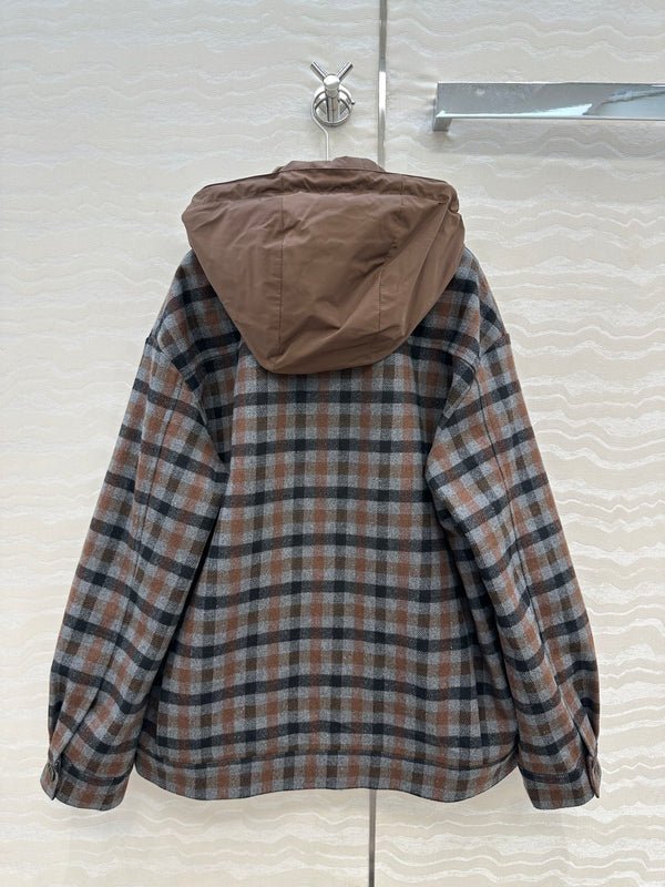 Miumiu Faux Two-Piece Detachable Hood Plaid Jacket Brown Polyester