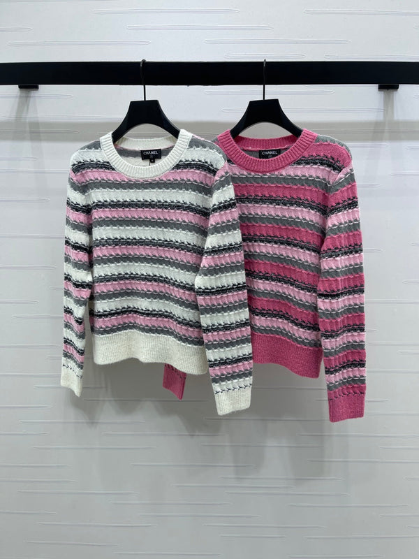 CC 25 Striped Knitted Long-Sleeved Sweater White Cashmere