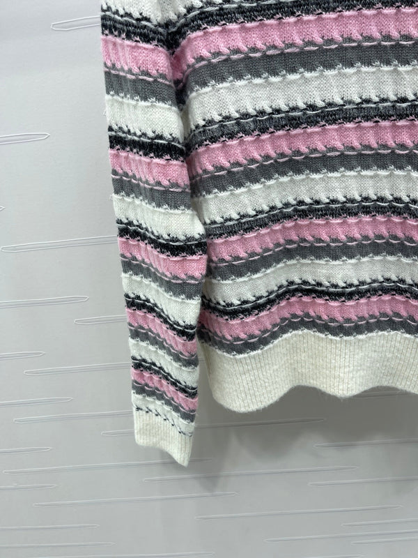 CC 25 Striped Knitted Long-Sleeved Sweater White Cashmere