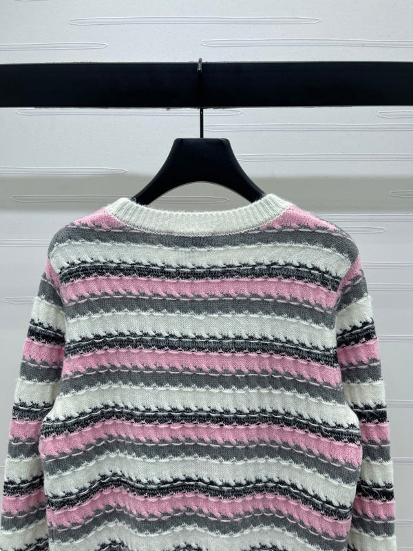 CC 25 Striped Knitted Long-Sleeved Sweater White Cashmere