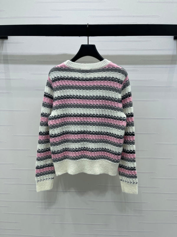 CC 25 Striped Knitted Long-Sleeved Sweater White Cashmere
