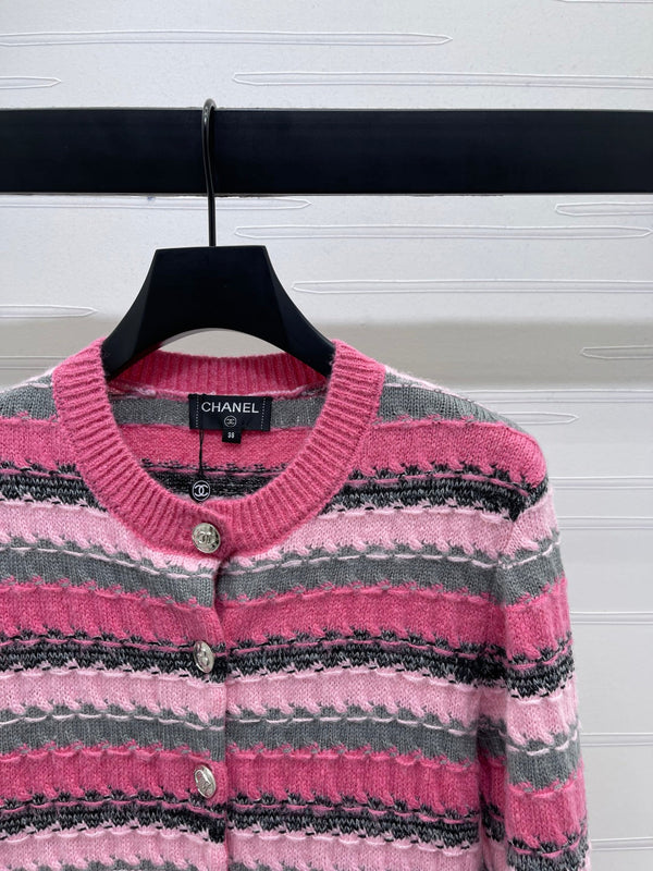 CC 25 Striped Knitted Long-Sleeved Pocket Cardigan Pink Tencel