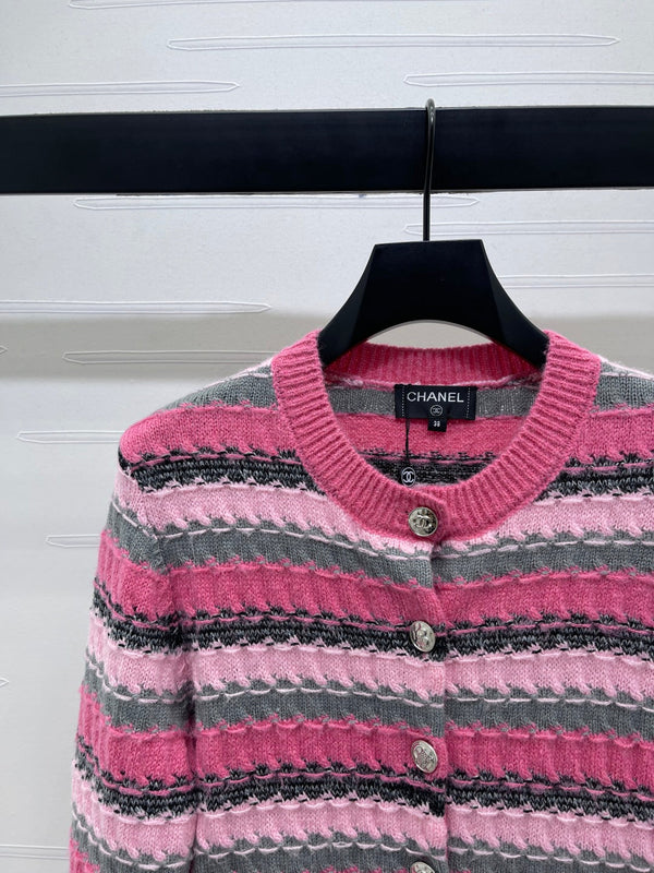 CC 25 Striped Knitted Long-Sleeved Pocket Cardigan Pink Tencel