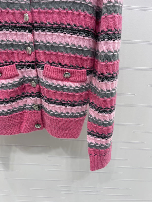 CC 25 Striped Knitted Long-Sleeved Pocket Cardigan Pink Tencel