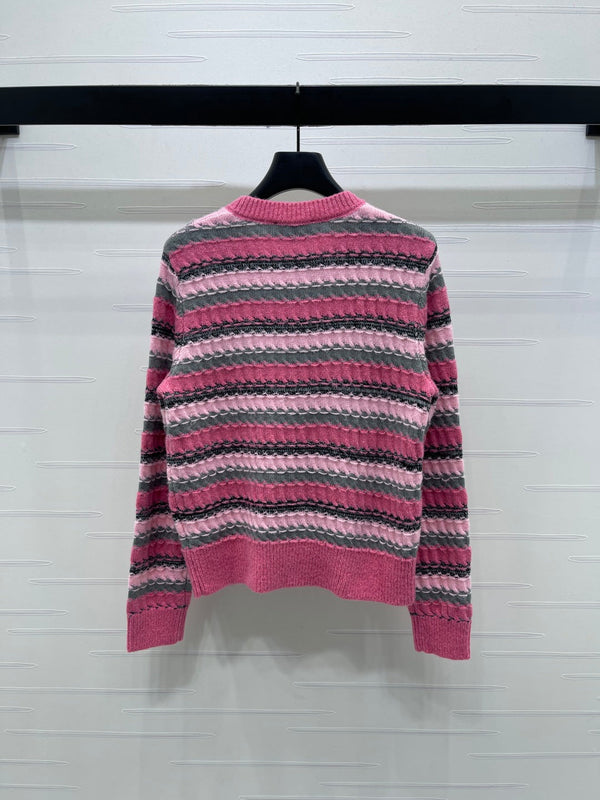CC 25 Striped Knitted Long-Sleeved Pocket Cardigan Pink Tencel