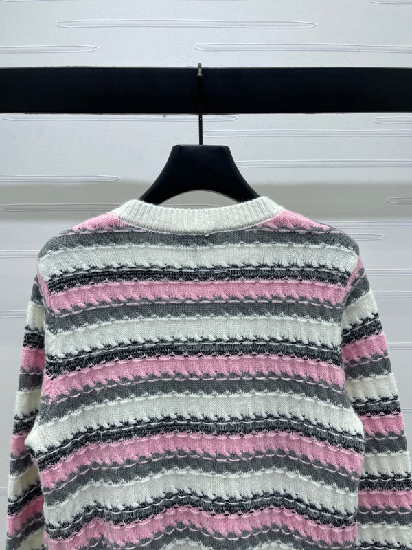 CC 25 Striped Knitted Long-Sleeved Pocket Cardigan White Tencel