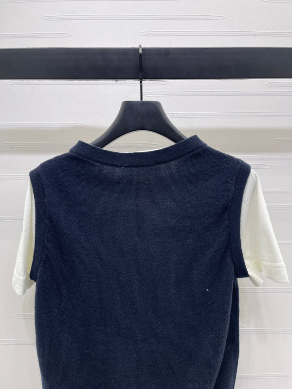 Miumiu Faux Two-Piece Knitted Short-Sleeves Vest Black and White Cashmere