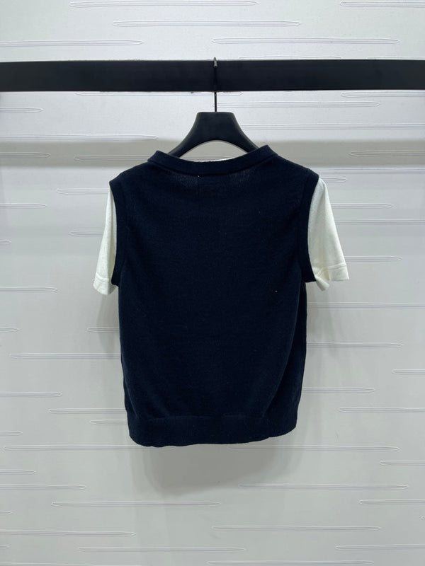 Miumiu Faux Two-Piece Knitted Short-Sleeves Vest Black and White Cashmere