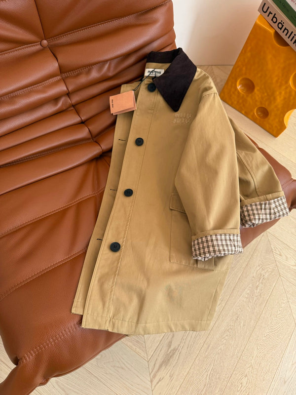 Miumiu Mid-Length Corduroy Collar Trench Coat Beige Cotton