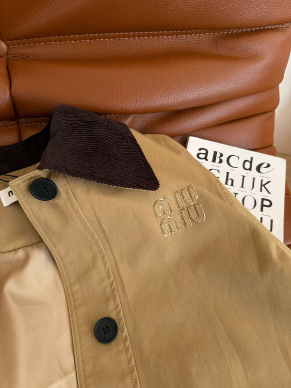 Miumiu Mid-Length Corduroy Collar Trench Coat Beige Cotton