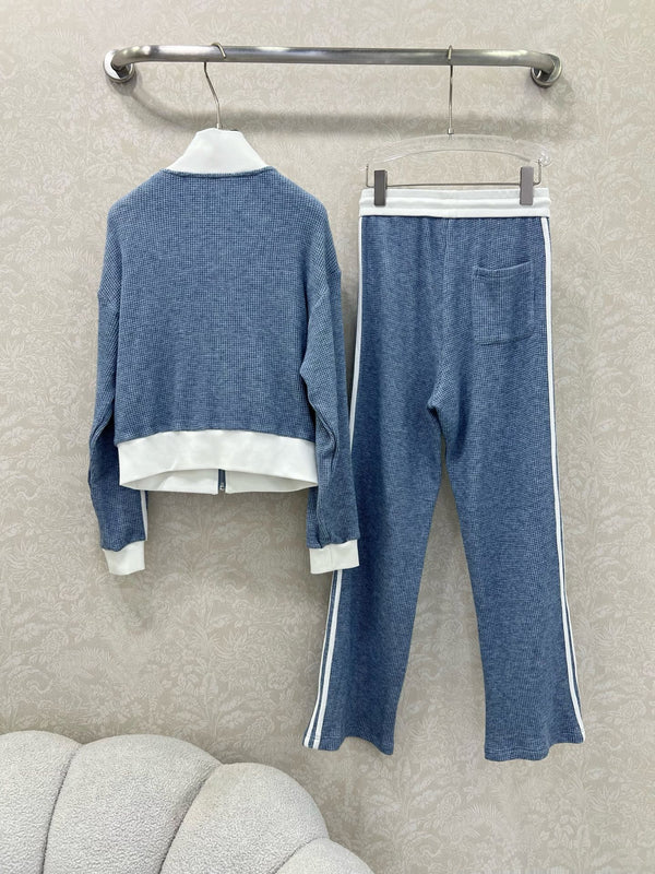 CC 25 Collar Jacket and Casual Trousers Waffle Suit Blue Rayon