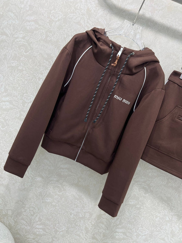 Miumiu Hooded Jacket and Skirt Set Brown Cotton