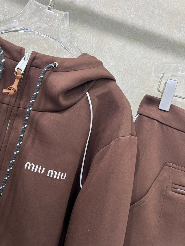 Miumiu Hooded Jacket and Skirt Set Brown Cotton