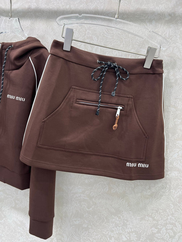 Miumiu Hooded Jacket and Skirt Set Brown Cotton