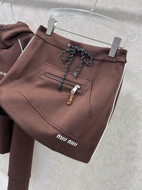 Miumiu Hooded Jacket and Skirt Set Brown Cotton