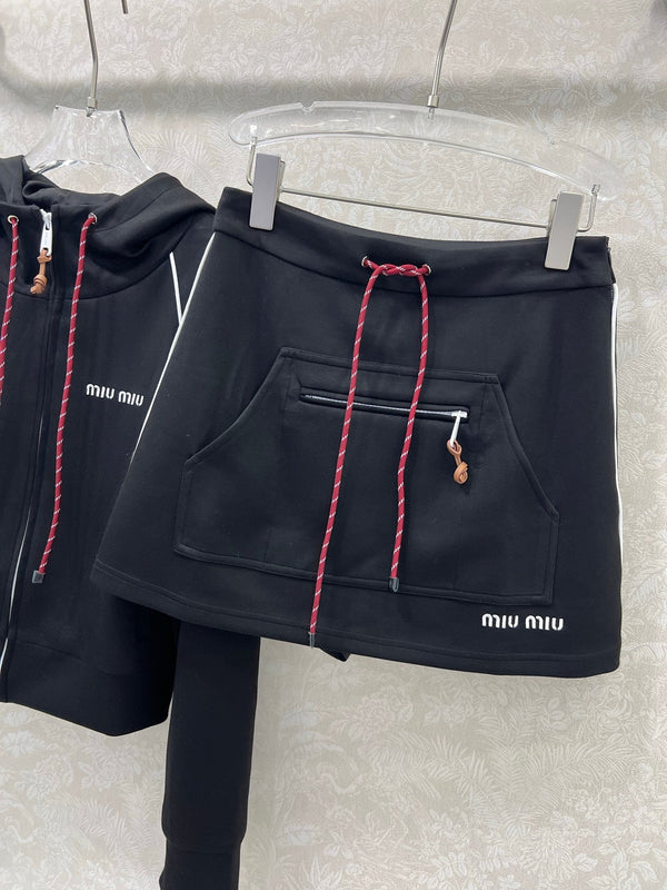 Miumiu Hooded Jacket and Skirt Set Black Cotton