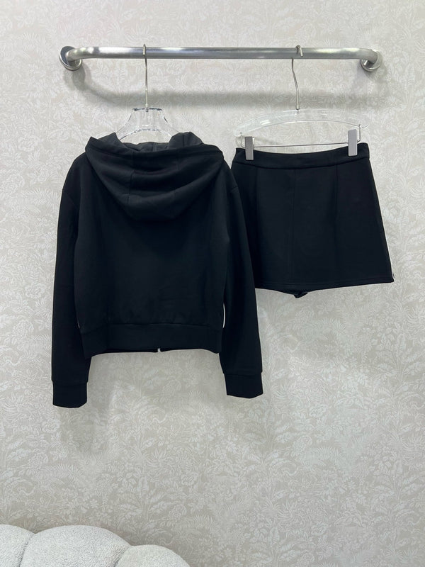 Miumiu Hooded Jacket and Skirt Set Black Cotton