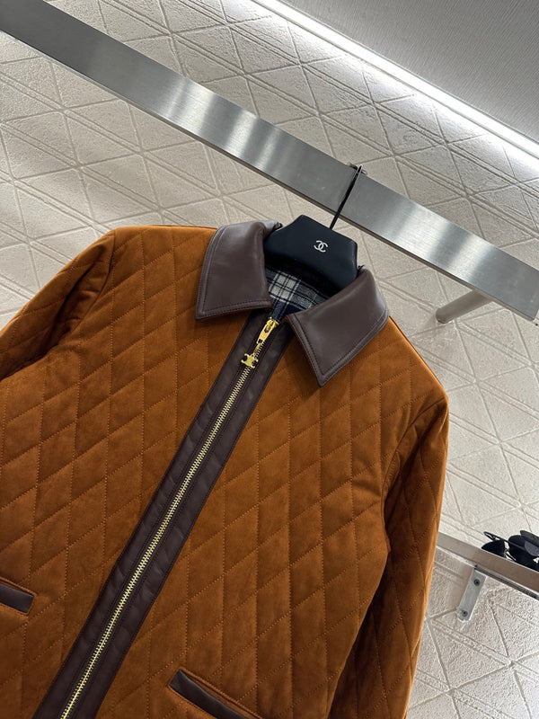 CE Contrast Color Padded Suede Jacket Dark Brown Polyester