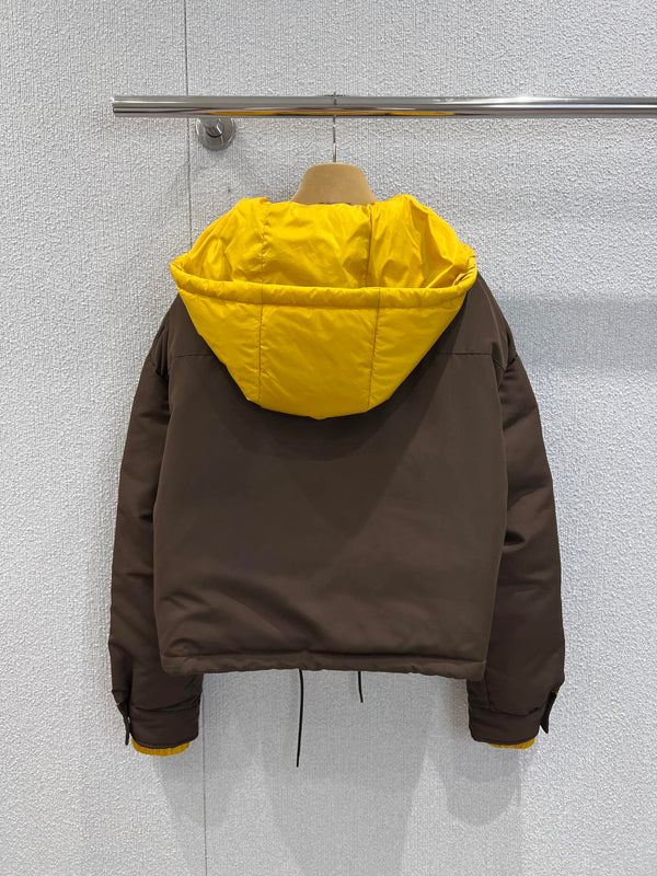 Miumiu 25FW Detachable Hooded Lapel Jacket Dark Brown Down Polyester