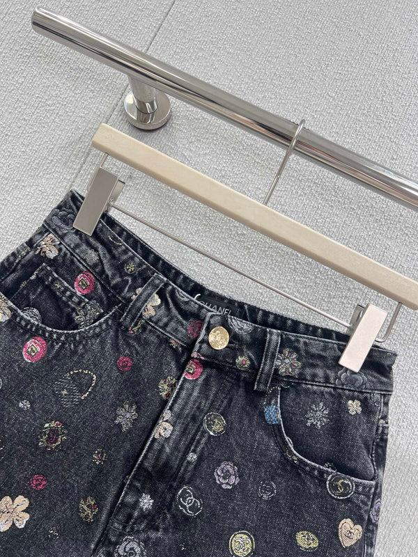 CC 25 Flower Jean Shorts Dark Gray Cotton