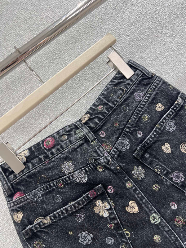 CC 25 Flower Jean Shorts Dark Gray Cotton
