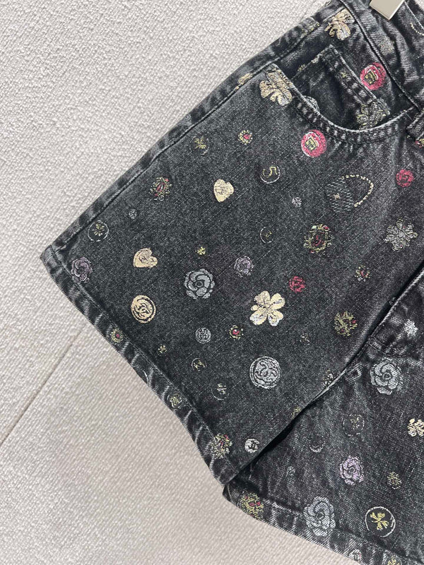 CC 25 Flower Jean Shorts Dark Gray Cotton