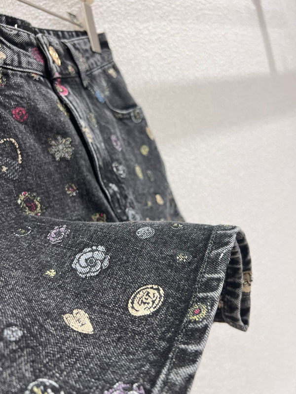 CC 25 Flower Jean Shorts Dark Gray Cotton