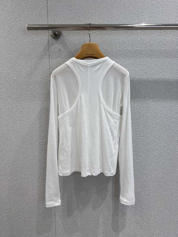 Miumiu 25FW Micro-Logo Fake Two-Piece Long-Sleeve T-Shirt White Cotton