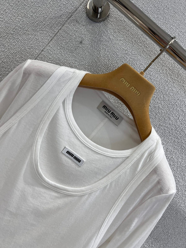 Miumiu 25FW Micro-Logo Fake Two-Piece Long-Sleeve T-Shirt White Cotton