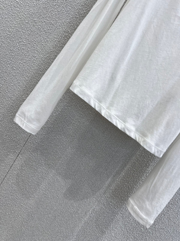 Miumiu 25FW Micro-Logo Fake Two-Piece Long-Sleeve T-Shirt White Cotton