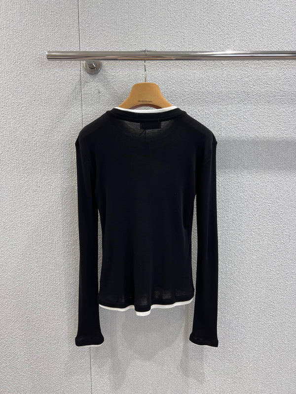 Miumiu 25FW Tencel Wool Fake Two-Piece Long-Sleeved T-Shirt Black Wool