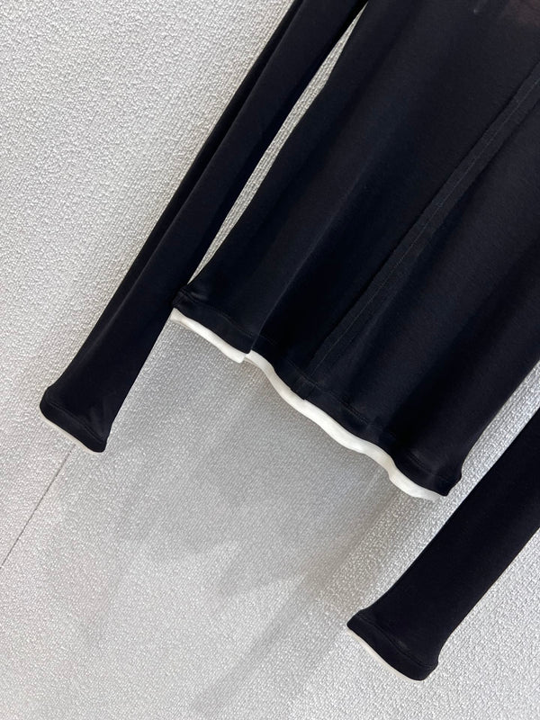 Miumiu 25FW Tencel Wool Fake Two-Piece Long-Sleeved T-Shirt Black Wool