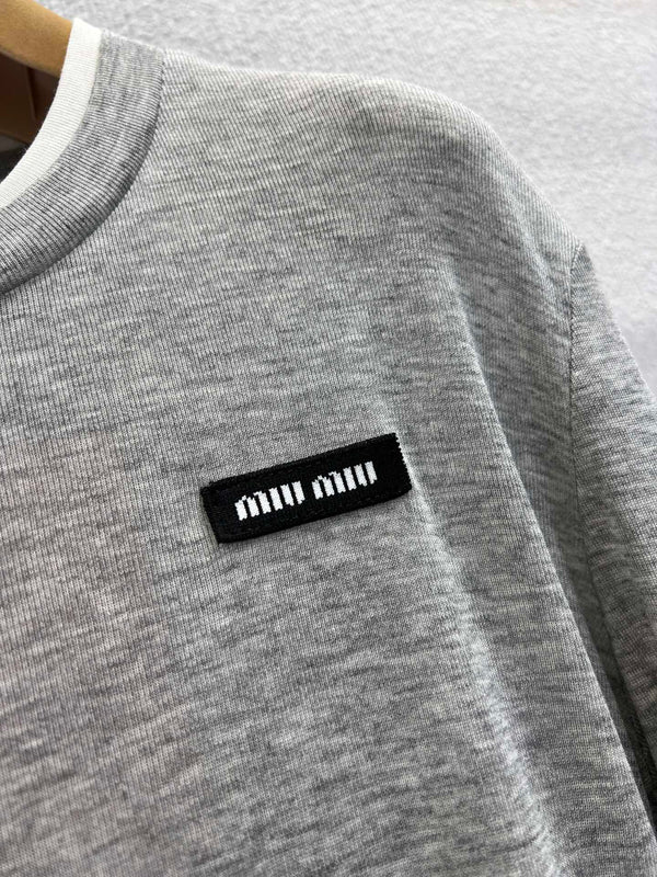 Miumiu 25FW Tencel Wool Fake Two-Piece Long-Sleeved T-Shirt Gray Wool