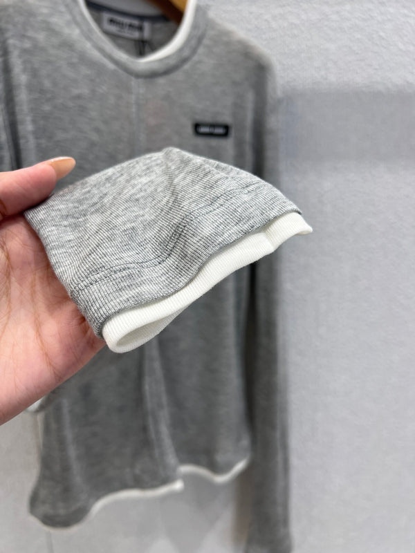 Miumiu 25FW Tencel Wool Fake Two-Piece Long-Sleeved T-Shirt Gray Wool
