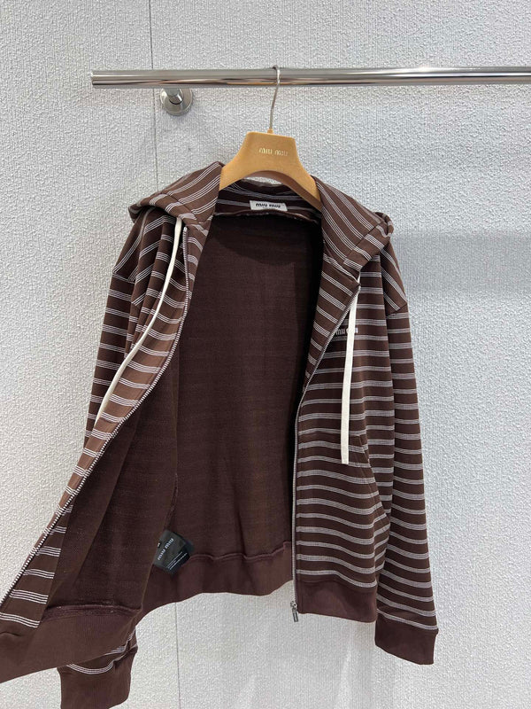 Miumiu 25FW Striped Zipper Hooded Sweatshirt Jacket Brown Cotton