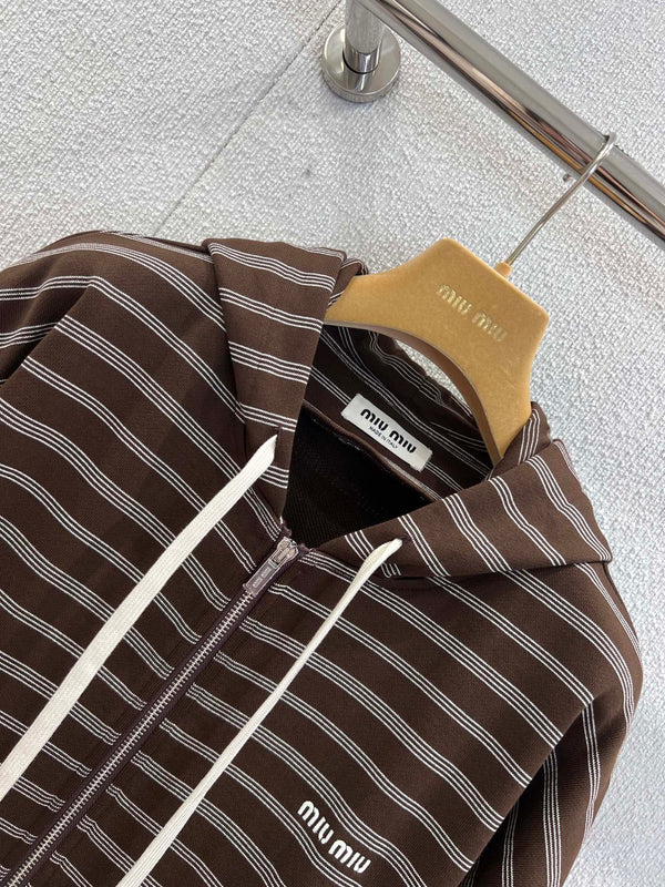 Miumiu 25FW Striped Zipper Hooded Sweatshirt Jacket Brown Cotton
