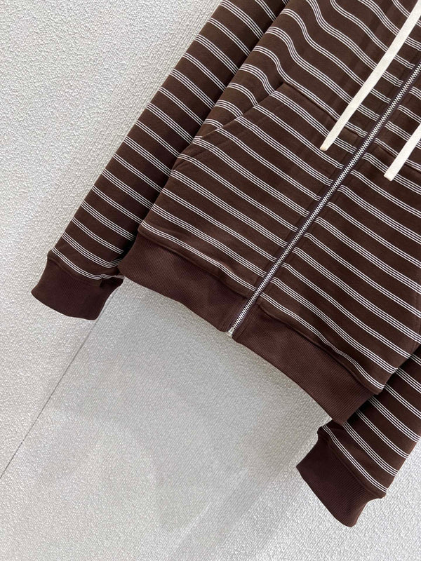 Miumiu 25FW Striped Zipper Hooded Sweatshirt Jacket Brown Cotton
