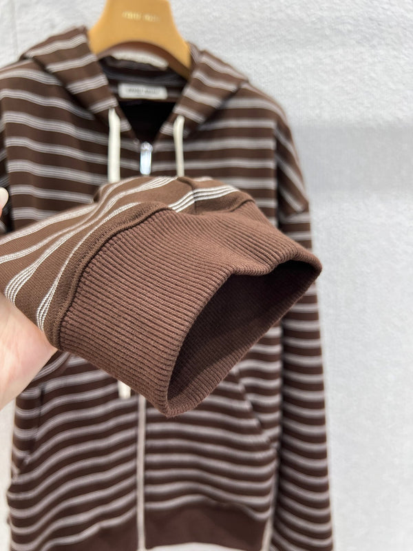 Miumiu 25FW Striped Zipper Hooded Sweatshirt Jacket Brown Cotton