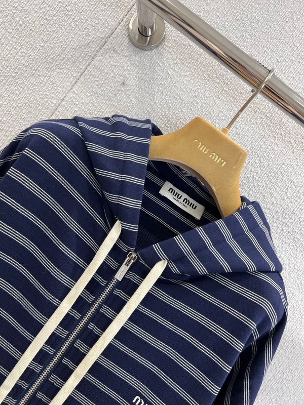 Miumiu 25FW Striped Zipper Hooded Sweatshirt Jacket Blue Cotton