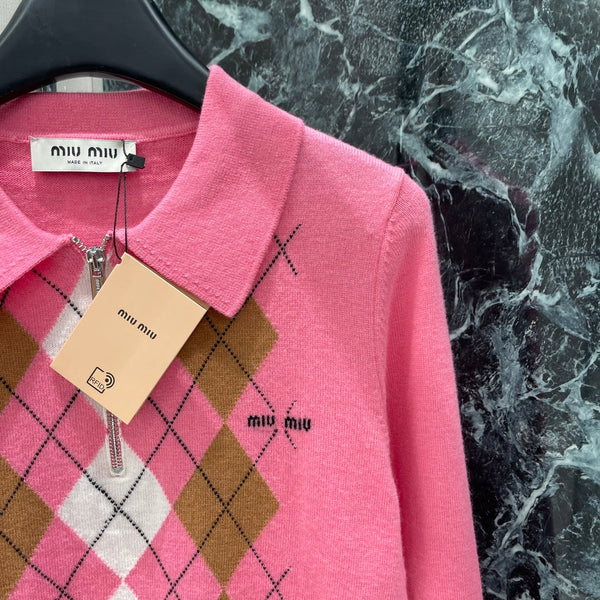 Miumiu 25 Diamond Half-Placket Knitted Sweater Pink Cashmere